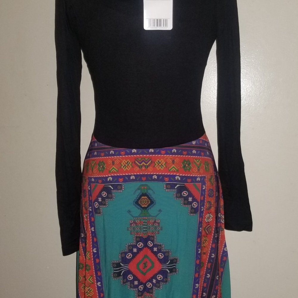 Desigual Black Long-Sleeve Midi Dress with Teal and Red Geometric Print - Picture 2 of 6